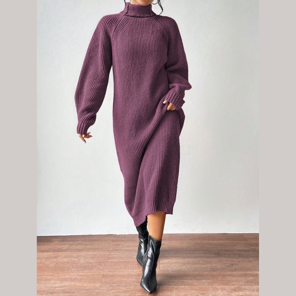 Plum Purple Ribbed Knit Turtleneck Long Sleeve Maxi Sweater Dress - Picture 7 of 7